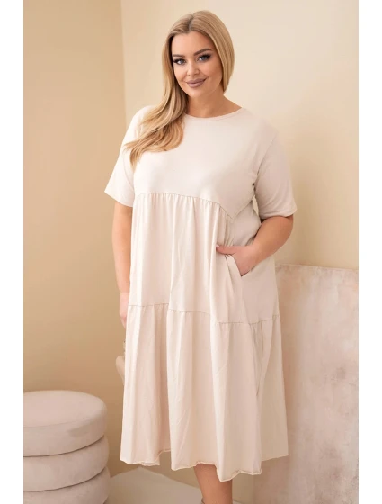 Dámské bavlněné šaty Plus Size s krátkým rukávem a volánem béžová