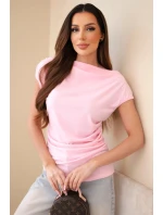 Dámská žebrovaná halenka z viskózy s model 22030158 výstřihem a řasením bonbónově růžová - K-Fashion