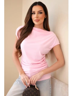 Dámská žebrovaná halenka z viskózy s model 22030158 výstřihem a řasením bonbónově růžová - K-Fashion