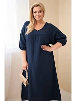 Dámské plus size bavlněné mušelínové šaty s výstřihem do V námořnická