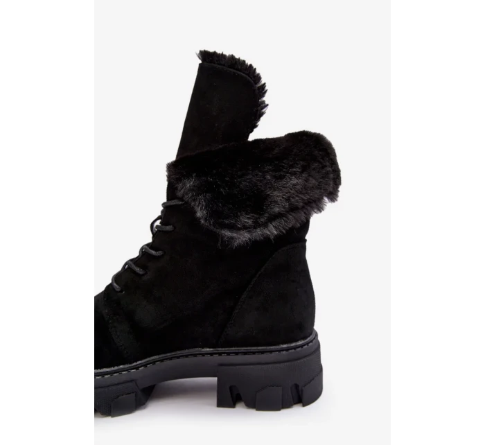 Semišové šněrovací pracovní kotníkové boty s kožíškem, černé Frendo