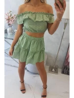 Vyšívaný komplet s pruhovanou halenkou tmavě mátový