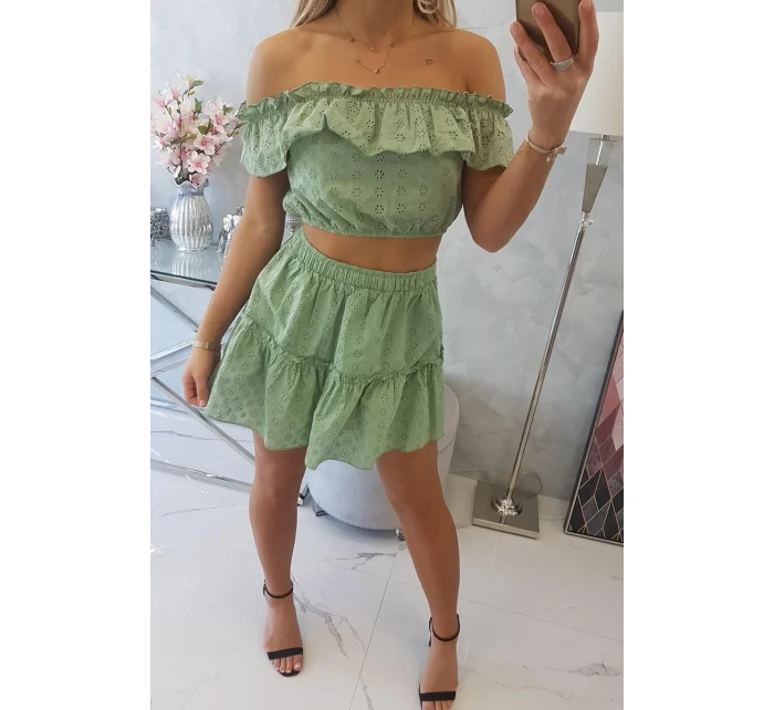 Vyšívaný komplet s pruhovanou halenkou tmavě mátový