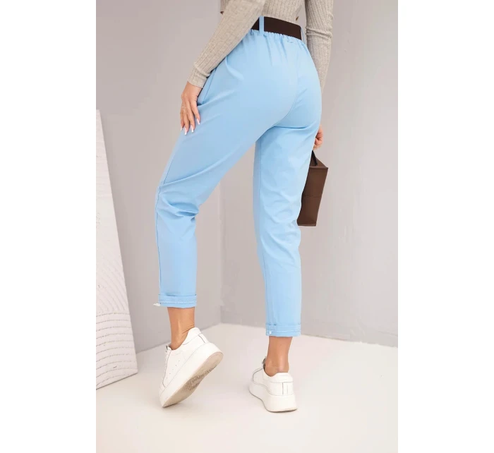 Dámské bavlněné kalhoty s páskem a ohrnutým lemem modré