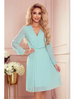 ISABELLE Dámské plisované šaty v mátové barvě s výstřihem a dlouhými rukávy model 21290223 - numoco