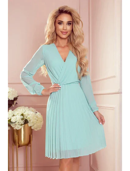 313-12 ISABELLE Plisované šaty s výstřihem a dlouhými rukávy - MINT