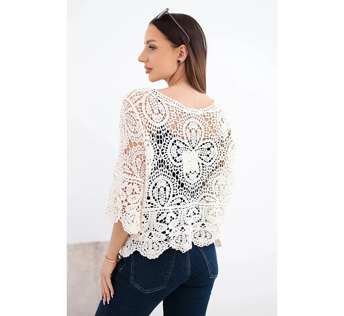Dámský bavlněný prolamovaný svetr s krátkým rukávem a ozdobným vzorem béžový