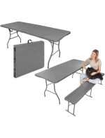 DŘEVĚNÝ STŮL SKLÁDACÍ V KUFŘÍKU 180x74CM MAX.100KG DŘEVĚNÁ DESKA TEMNĚ ŠEDÁ