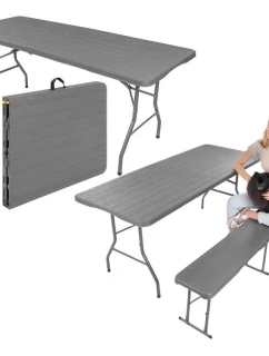 DŘEVĚNÝ STŮL SKLÁDACÍ V KUFŘÍKU 180x74CM MAX.100KG DŘEVĚNÁ DESKA TEMNĚ ŠEDÁ