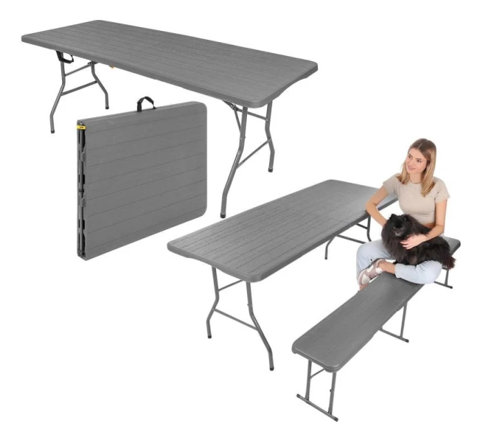 DŘEVĚNÝ STŮL SKLÁDACÍ V KUFŘÍKU 180x74CM MAX.100KG DŘEVĚNÁ DESKA TEMNĚ ŠEDÁ