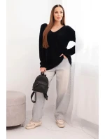 Dámský svetr s vlnou a výstřihem do V černý