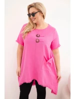 Dámské bavlněné šaty Plus Size s delším zadním dílem a kapsou růžová