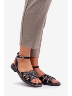 Zazoo model 21682196 Ploché Dámské Kožené Sandály Černé - Boto Zazoo model 21682196 Ploché Dámské Kožené Sandály Černé - Boto