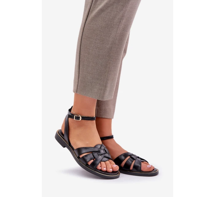 Zazoo model 21682196 Ploché Dámské Kožené Sandály Černé - Boto Zazoo model 21682196 Ploché Dámské Kožené Sandály Černé - Boto