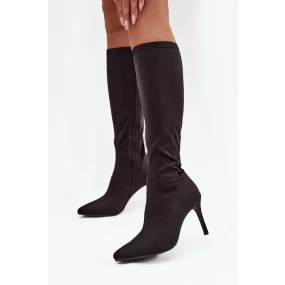 Dámské kozačky z textilního materiálu na jehlovém podpatku S.Barski – černé