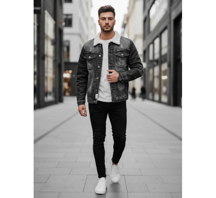 Pánská zateplená džínová bunda s ovčí kůží šedá Dstreet TX4728z