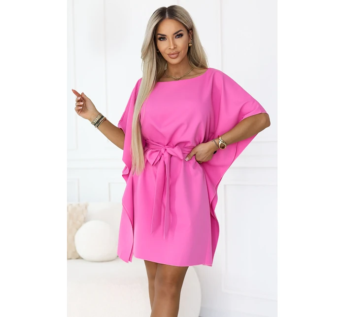 287-42 SOFIA Růžové motýlí šaty se zavazováním v pase - světle fuchsiová barva