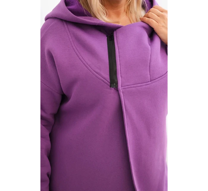 Dámská mikina Plus Size zateplená s kapucí a asymetrickým zipem tmavě fialová