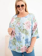 Dámská bavlněná halenka Plus Size s krátkým rukávem a květinovým vzorem modrá