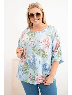 Dámská bavlněná halenka Plus Size s krátkým rukávem a květinovým vzorem modrá