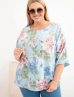 Dámská bavlněná halenka Plus Size s krátkým rukávem a květinovým vzorem modrá