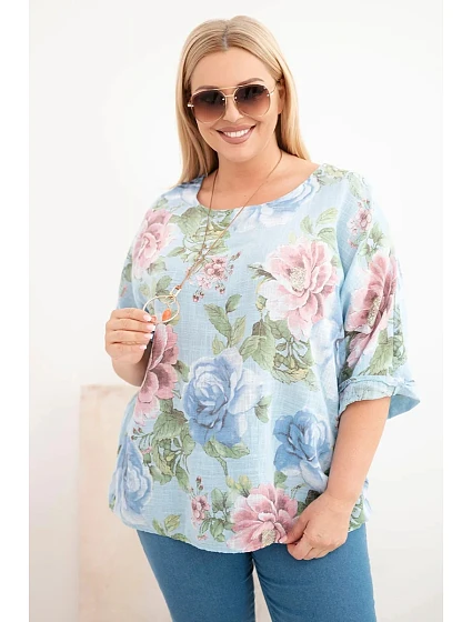 Dámská bavlněná halenka Plus Size s krátkým rukávem a květinovým vzorem modrá