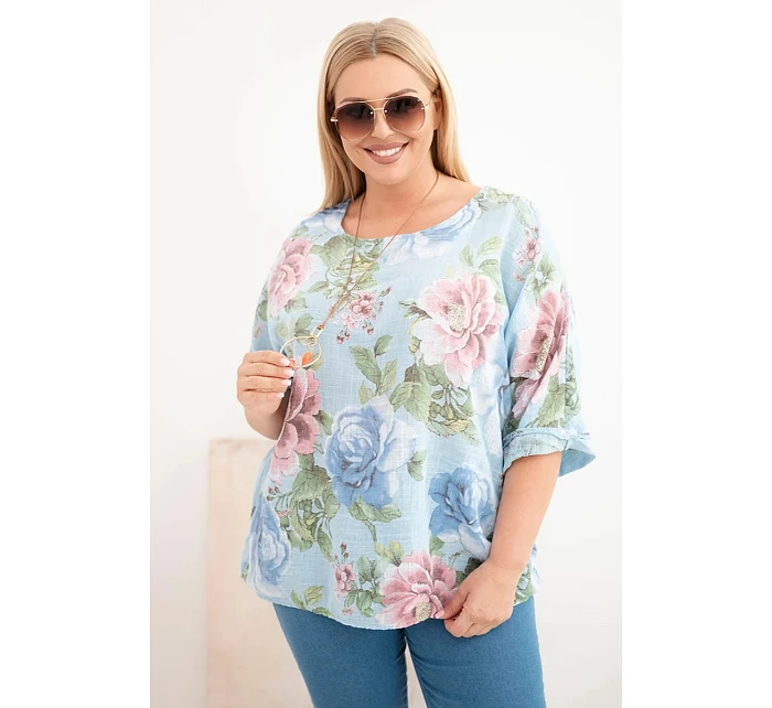 Dámská bavlněná halenka Plus Size s krátkým rukávem a květinovým vzorem modrá