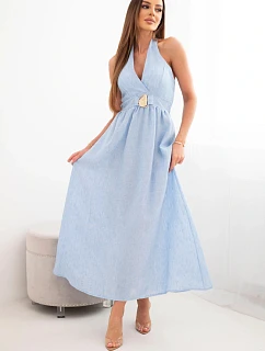 Dámské viskózové maxi šaty vázané u krku s ozdobnou sponou modrá