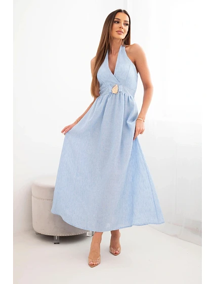 Dámské viskózové maxi šaty vázané u krku s ozdobnou sponou modrá Dámské viskózové maxi šaty vázané u krku s ozdobnou sponou modrá
