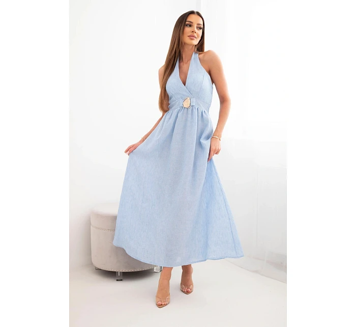 Dámské viskózové maxi šaty vázané u krku s ozdobnou sponou modrá Dámské viskózové maxi šaty vázané u krku s ozdobnou sponou modrá