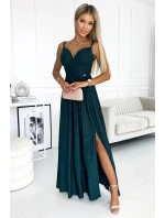 Dlouhé dámské šaty v lahvově zelené barvě s ramínky a rozparkem na noze model 20547621 - numoco