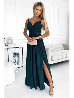 Dlouhé dámské šaty v lahvově zelené barvě s ramínky a rozparkem na noze model 20547621 - numoco