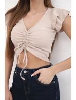 Dámská žebrovaná pruhovaná halenka na ramínkách s volánkem béžová