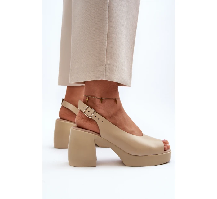 Zazoo 40376 Kožené Sandály Na Masivní Podpatku Bežové