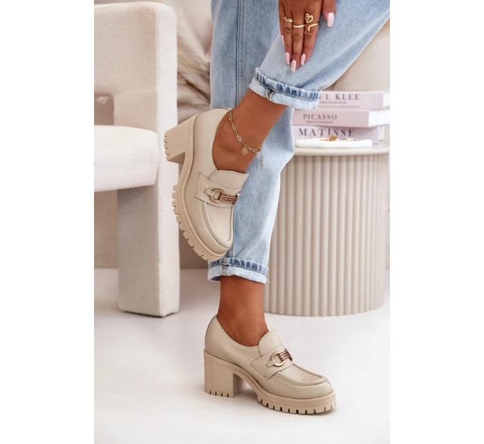 model 21669398 Lakované Polobotky Dámské Na Podpatku Přírodní Kůže Světle Béžové - Zazoo