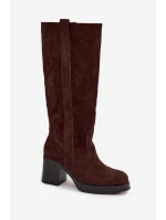 Dámské zimní kozačky na masivním podpatku čokoládové model 21715042 - Boto