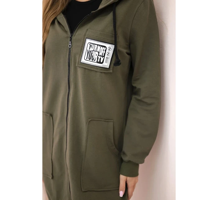 Dámská delší mikina s kapucí a zipem khaki