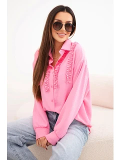 Dámská viskózová košile s dlouhým rukávem a volány světle růžová