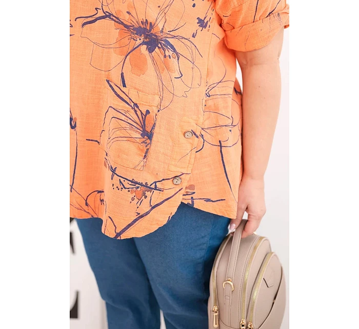 Dámská bavlněná halenka Plus Size s krátkým rukávem a kapsou oranžová