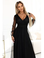 664-3 Dlouhé maxi šaty s tylovými rukávy a obálkovým výstřihem - černé 664-3 Dlouhé maxi šaty s tylovými rukávy a obálkovým výstřihem - černé