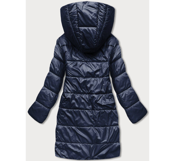 Tmavě modro-béžová přeložená obálková dámská bunda s kapucí (R8040)