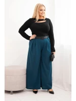 Dámské kalhoty Plus Size s širokou nohavicí a páskem mořská Dámské kalhoty Plus Size s širokou nohavicí a páskem mořská