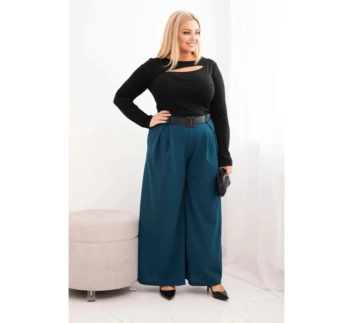 Dámské kalhoty Plus Size s širokou nohavicí a páskem mořská Dámské kalhoty Plus Size s širokou nohavicí a páskem mořská