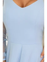 640-5 LORETTA jedinečné dlouhé šaty s tylovými rukávy a výstřihem - modré