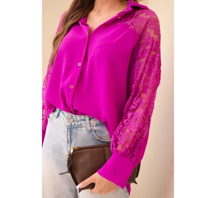 Dámská viskózová košile s krajkovými rukávy a límečkem tmavě fialová Dámská viskózová košile s krajkovými rukávy a límečkem tmavě fialová