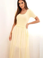 Dámské bavlněné midi šaty s krátkým rukávem a rozšířeným spodkem žlutá