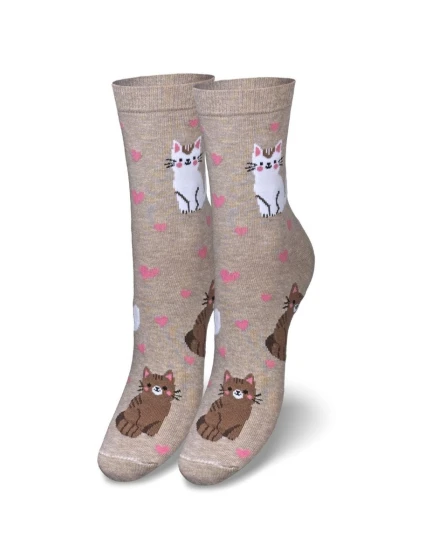Dámské ponožky s motivem koček a srdcí – béžové Dámské ponožky s motivem koček a srdcí – béžové