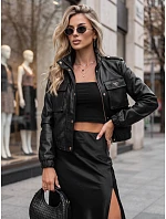 Dámská kožená bomberová bunda na přechodné období, černá, FashionStreet TY5856 Dámská kožená bomberová bunda na přechodné období, černá, FashionStreet TY5856