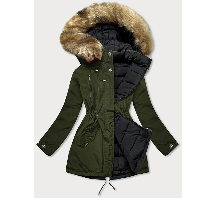 Dámská oboustranná zimní bunda khaki černá (w557-1big)