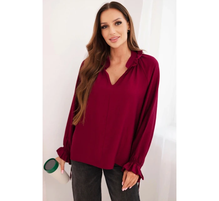 Dámská blůza z viskózy s výstřihem do V a vázáním na rukávech švestková
